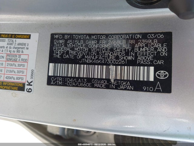 Продаж на аукціоні авто 2007 Toyota Camry Xle V6, vin: JTNBK46K473002261, номер лоту: 45094872
