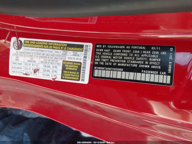 Продаж на аукціоні авто 2012 Volkswagen Eos Komfort, vin: WVWBW7AH6CV002668, номер лоту: 45094880