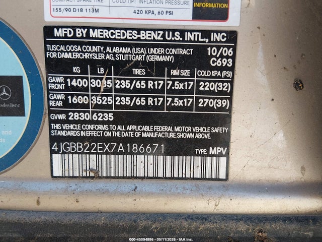 Продажа на аукционе авто 2007 Mercedes-benz Ml 320 Cdi 4matic, vin: 4JGBB22EX7A186671, номер лота: 45094886