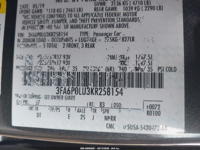 Ford Fusion Hybrid Se 2019 3FA6P0LU3KR258154 Image 9