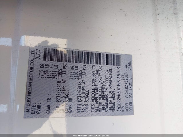 Aukcja sprzedaży 2017 Nissan Pathfinder S, vin: 5N1DR2MM8HC652953, numer aukcji: 45094896
