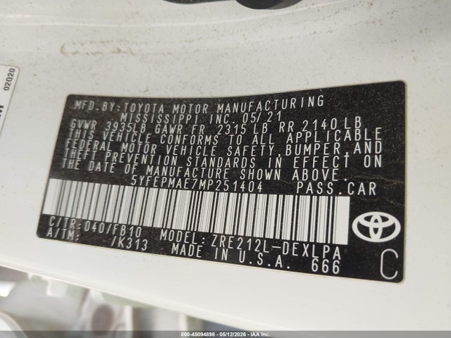 2021 Toyota Corolla Le მანქანა იყიდება აუქციონზე, vin: 5YFEPMAE7MP251404, აუქციონის ნომერი: 45094898