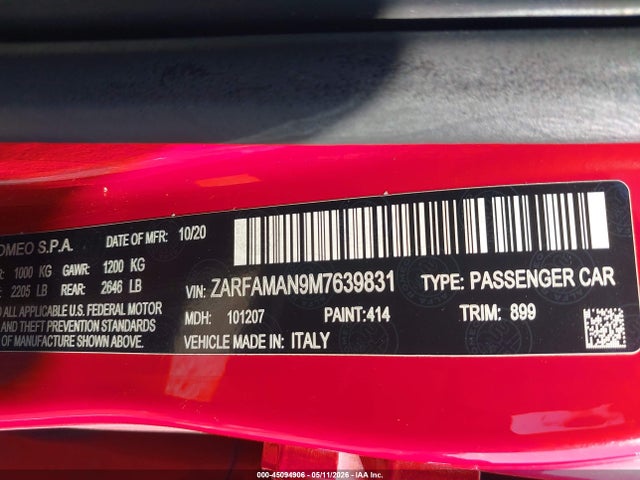 45094906 :رقم المزاد ، ZARFAMAN9M7639831 vin ، 2021 Alfa Romeo Giulia Rwd مزاد بيع