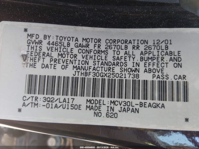Aukcja sprzedaży 2002 Lexus Es 300, vin: JTHBF30GX25021738, numer aukcji: 45094908