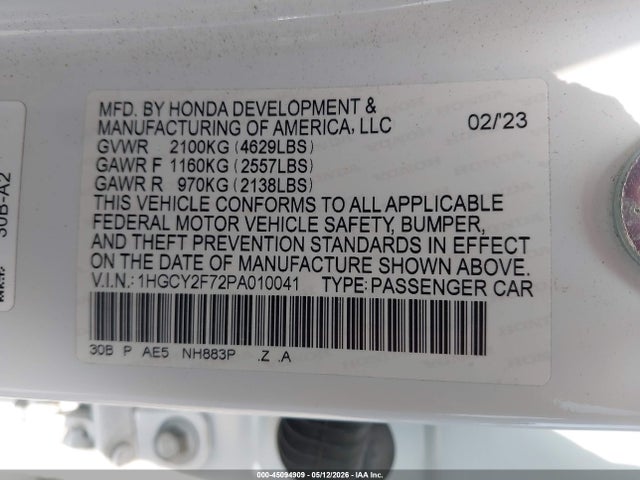 1HGCY2F72PA010041 Honda Accord Hybrid Sport-l