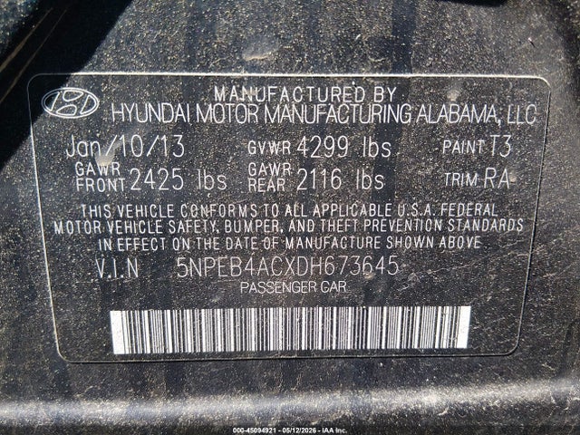 45094921 :رقم المزاد ، 5NPEB4ACXDH673645 vin ، 2013 Hyundai Sonata Gls مزاد بيع