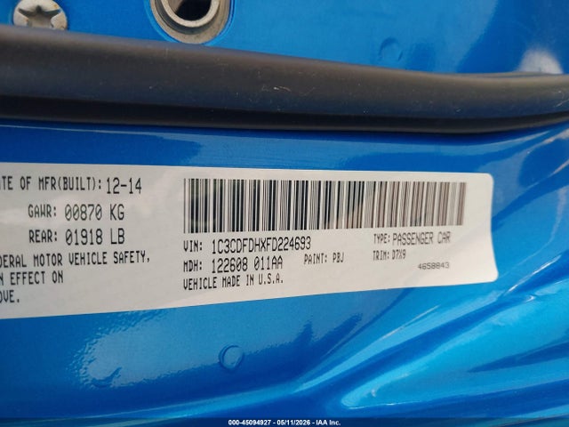 2015 Dodge Dart Aero მანქანა იყიდება აუქციონზე, vin: 1C3CDFDHXFD224693, აუქციონის ნომერი: 45094927