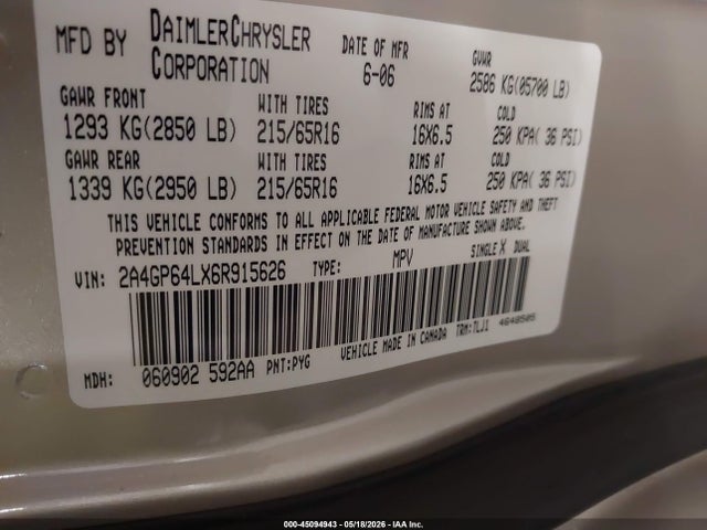 45094943 :رقم المزاد ، 2A4GP64LX6R915626 vin ، 2006 Chrysler Town & Country Limited مزاد بيع