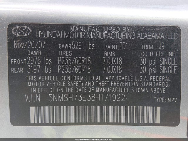 45094948 :رقم المزاد ، 5NMSH73E38H171922 vin ، 2008 Hyundai Santa Fe Limited/se مزاد بيع