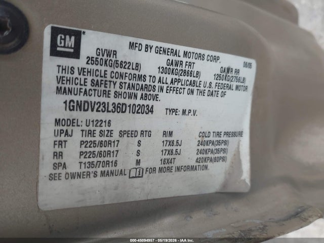 Продаж на аукціоні авто 2006 Chevrolet Uplander Ls, vin: 1GNDV23L36D102034, номер лоту: 45094957