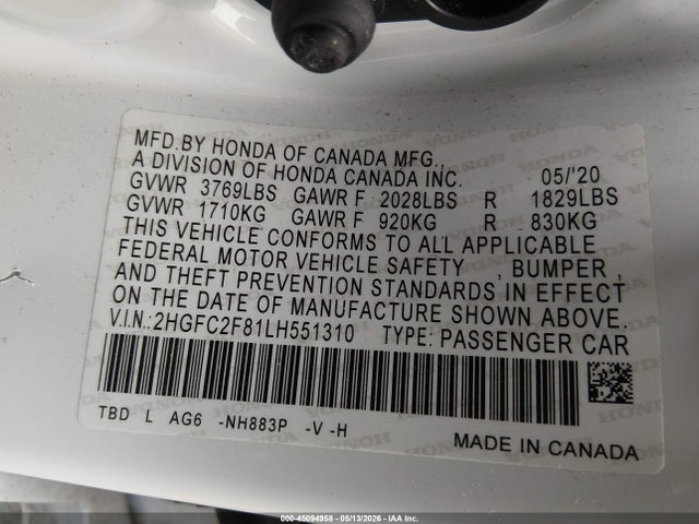 Продажа на аукционе авто 2020 Honda Civic Sport, vin: 2HGFC2F81LH551310, номер лота: 45094958