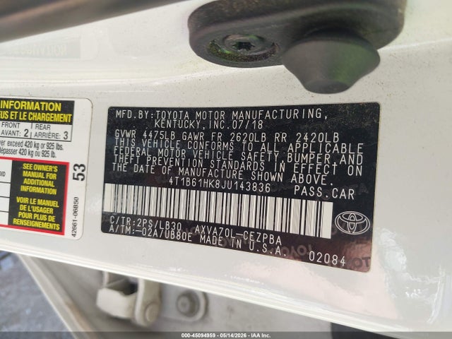 Aukcja sprzedaży 2018 Toyota Camry Xse, vin: 4T1B61HK8JU143836, numer aukcji: 45094959