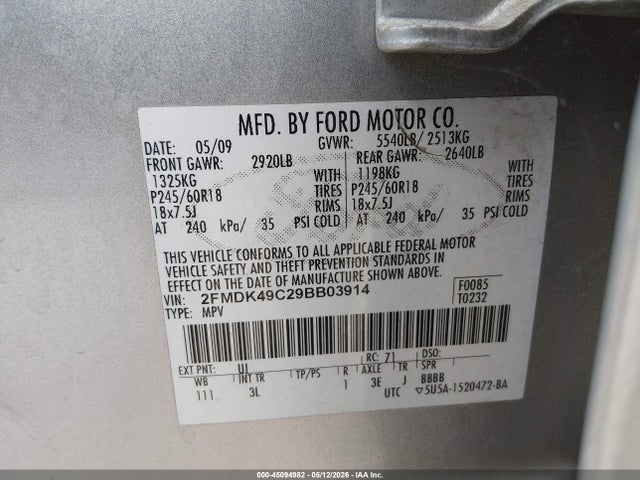 Aukcja sprzedaży 2009 Ford Edge Limited, vin: 2FMDK49C29BB03914, numer aukcji: 45094982