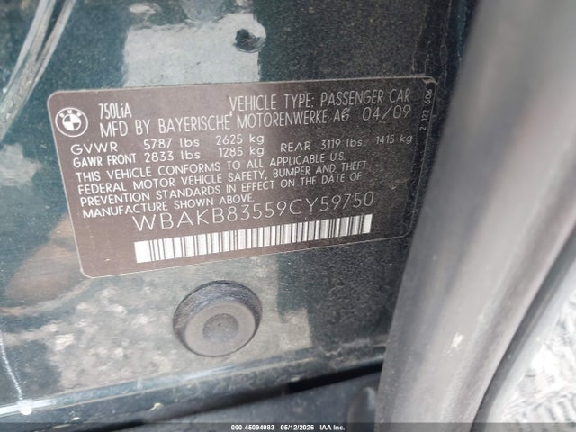 Продажа на аукционе авто 2009 Bmw 750li, vin: WBAKB83559CY59750, номер лота: 45094983