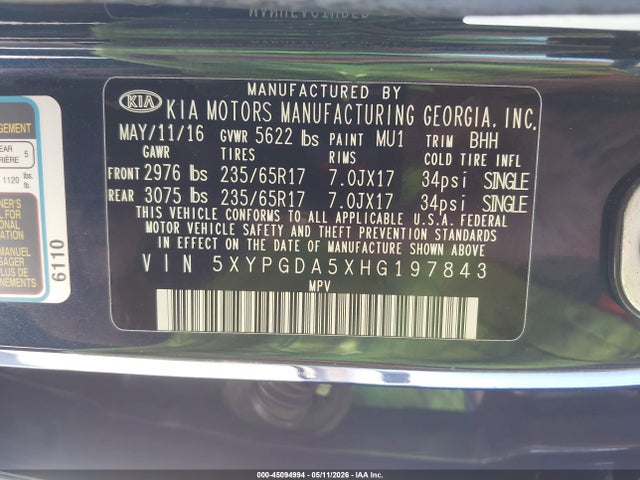 Aukcja sprzedaży 2017 Kia Sorento 3.3l Lx, vin: 5XYPGDA5XHG197843, numer aukcji: 45094994