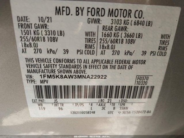 2021 Ford Police Interceptor Utility მანქანა იყიდება აუქციონზე, vin: 1FM5K8AW3MNA22922, აუქციონის ნომერი: 45095008