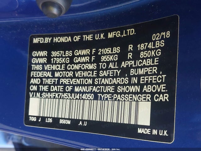 Продажа на аукционе авто 2018 Honda Civic Ex, vin: SHHFK7H53JU414050, номер лота: 45095011