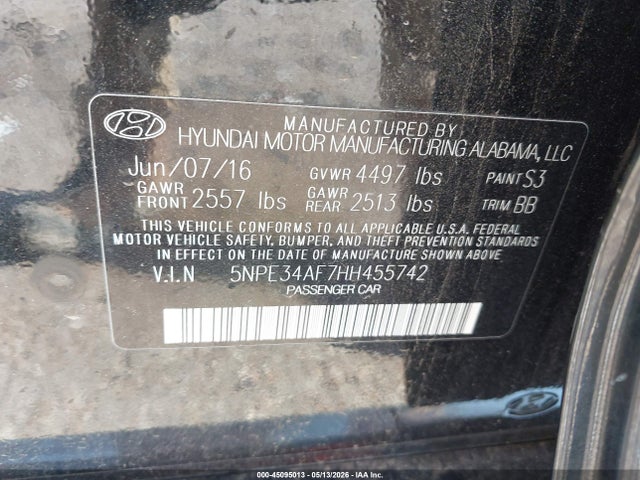 Продажа на аукционе авто 2017 Hyundai Sonata Limited, vin: 5NPE34AF7HH455742, номер лота: 45095013