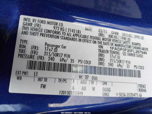 2015 Ford Focus Se მანქანა იყიდება აუქციონზე, vin: 1FADP3F20FL267949, აუქციონის ნომერი: 45095037