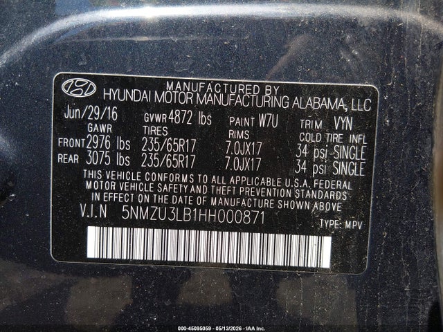 Aukcja sprzedaży 2017 Hyundai Santa Fe Sport 2.4l, vin: 5NMZU3LB1HH000871, numer aukcji: 45095059