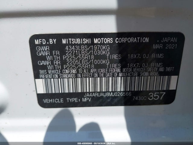 45095068 :رقم المزاد ، JA4ARUAU8MU026566 vin ، 2021 Mitsubishi Outlander Sport 2.0 Be Awc/2.0 Es Awc/2.0 Le Awc/2.0 Se Awc مزاد بيع