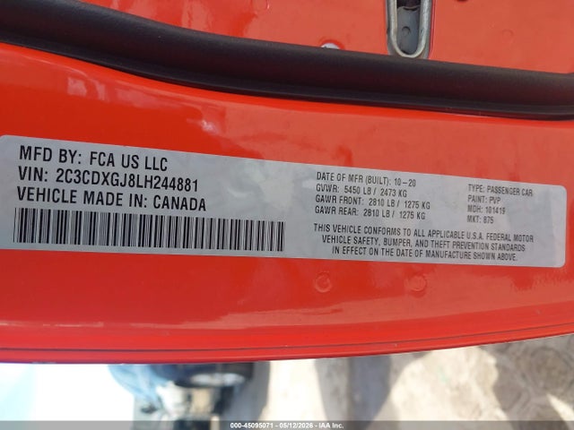 Продажа на аукционе авто 2020 Dodge Charger Scat Pack Rwd, vin: 2C3CDXGJ8LH244881, номер лота: 45095071