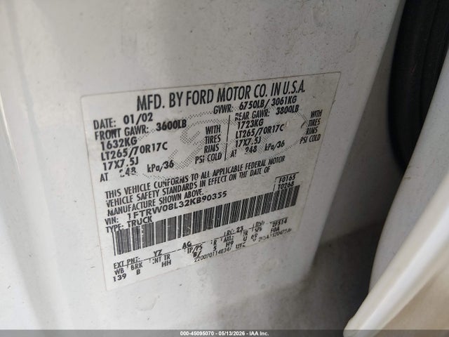 Продаж на аукціоні авто 2002 Ford F-150 Lariat/xlt, vin: 1FTRW08L32KB90355, номер лоту: 45095070