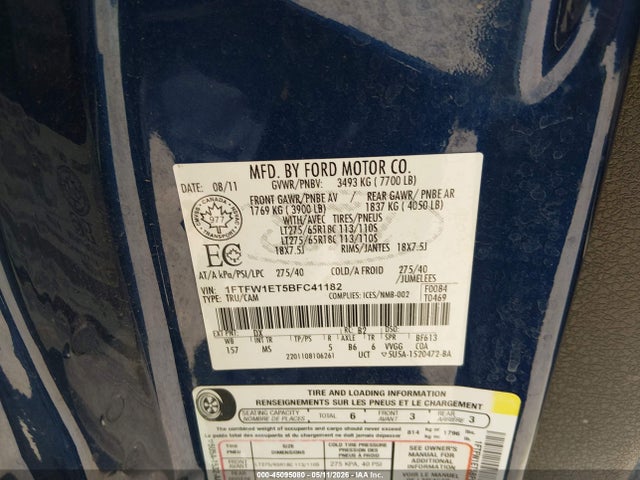 2011 Ford F-150 Xlt მანქანა იყიდება აუქციონზე, vin: 1FTFW1ET5BFC41182, აუქციონის ნომერი: 45095080