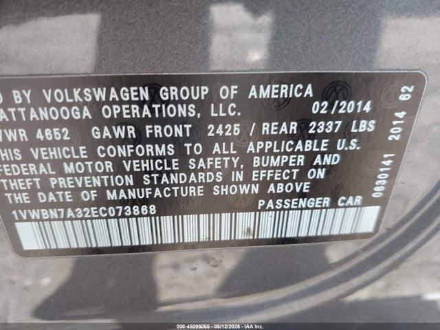 45095085 :رقم المزاد ، 1VWBN7A32EC073868 vin ، 2014 Volkswagen Passat 2.0l Tdi Se مزاد بيع