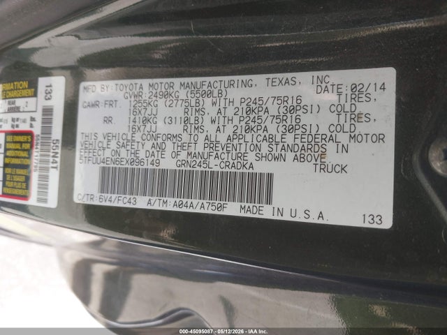 45095087 :رقم المزاد ، 5TFUU4EN6EX096149 vin ، 2014 Toyota Tacoma Base V6 مزاد بيع
