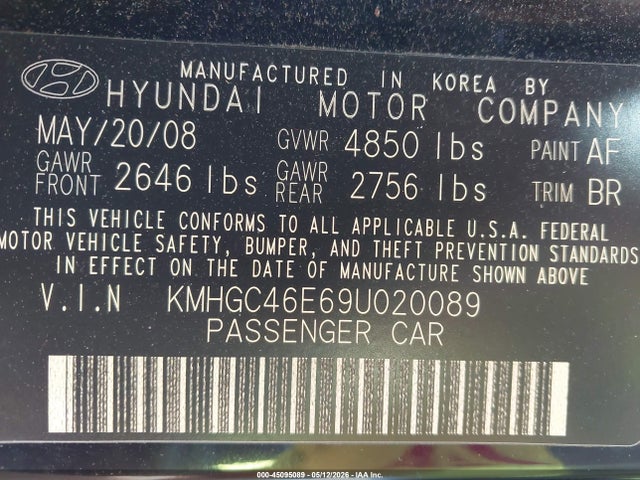 45095089 :رقم المزاد ، KMHGC46E69U020089 vin ، 2009 Hyundai Genesis 3.8 مزاد بيع