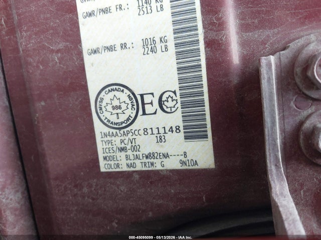 45095099 :رقم المزاد ، 1N4AA5AP5CC811148 vin ، 2012 Nissan Maxima مزاد بيع