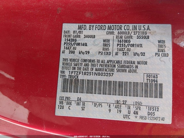 Продажа на аукционе авто 2001 Ford F-150 Xl/xlt, vin: 1FTZF18251NB03257, номер лота: 45095101