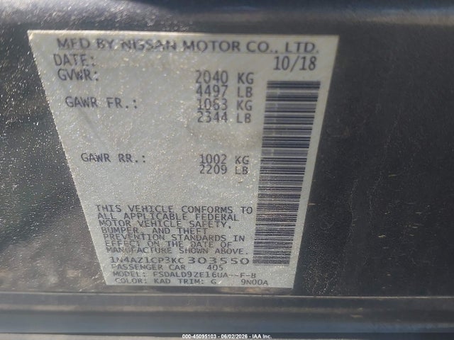 2019 Nissan Leaf Sv მანქანა იყიდება აუქციონზე, vin: 1N4AZ1CP3KC303550, აუქციონის ნომერი: 45095103