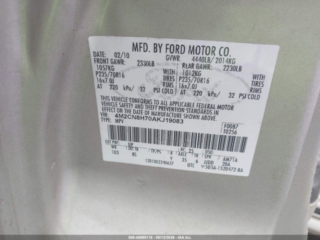 45095118 :رقم المزاد ، 4M2CN8H70AKJ19083 vin ، 2010 Mercury Mariner Premier مزاد بيع