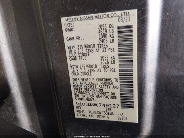 5N1AT3BB3MC749127 Nissan Rogue Sv Intelligent Awd