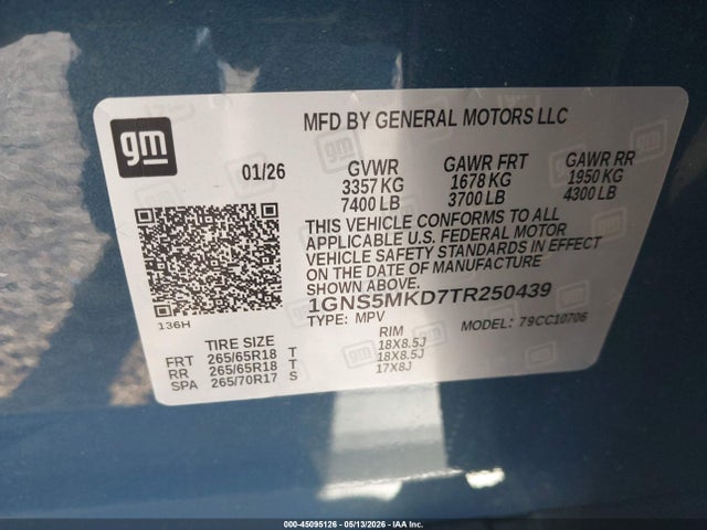 45095126 :رقم المزاد ، 1GNS5MKD7TR250439 vin ، 2026 Chevrolet Tahoe Ls مزاد بيع