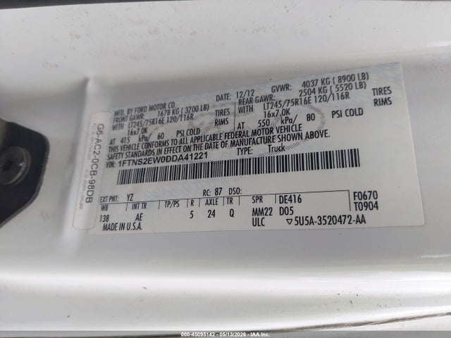 Продажа на аукционе авто 2013 Ford E-250 Commercial, vin: 1FTNS2EW0DDA41221, номер лота: 45095142