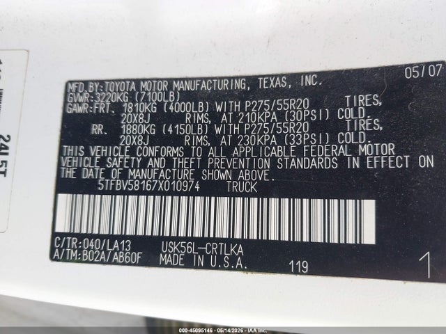 2007 Toyota Tundra Limited 5.7l V8 მანქანა იყიდება აუქციონზე, vin: 5TFBV58167X010974, აუქციონის ნომერი: 45095146
