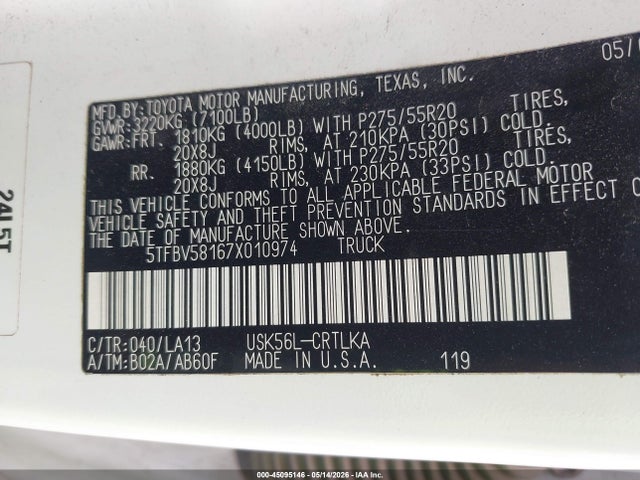 2007 Toyota Tundra Limited 5.7l V8 მანქანა იყიდება აუქციონზე, vin: 5TFBV58167X010974, აუქციონის ნომერი: 45095146