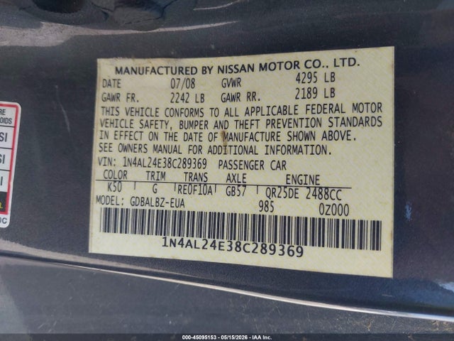 Aukcja sprzedaży 2008 Nissan Altima 2.5 S, vin: 1N4AL24E38C289369, numer aukcji: 45095153