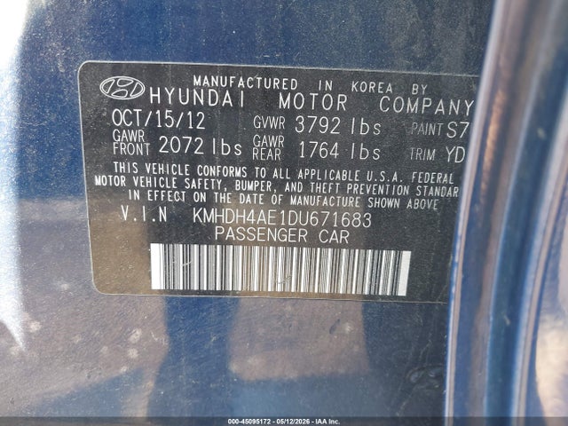 Aukcja sprzedaży 2013 Hyundai Elantra Gls, vin: KMHDH4AE1DU671683, numer aukcji: 45095172