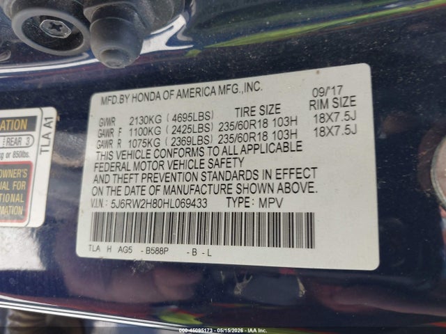 45095173 :رقم المزاد ، 5J6RW2H80HL069433 vin ، 2017 Honda Cr-v Ex-l/ex-l Navi مزاد بيع