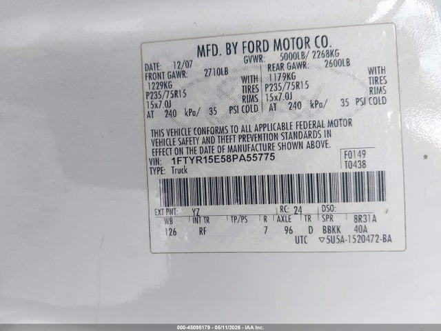 Aukcja sprzedaży 2008 Ford Ranger Fx4 Off-road/sport/xl/xlt, vin: 1FTYR15E58PA55775, numer aukcji: 45095179
