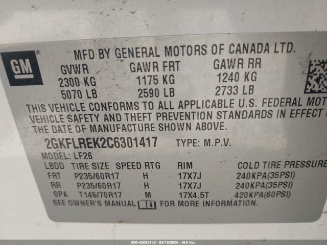 Auction sale of the 2012 Gmc Terrain Sle-1, vin: 2GKFLREK2C6301417, lot number: 45095182