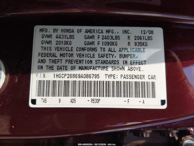 2009 Honda Accord 2.4 Ex-l მანქანა იყიდება აუქციონზე, vin: 1HGCP26869A086795, აუქციონის ნომერი: 45095204