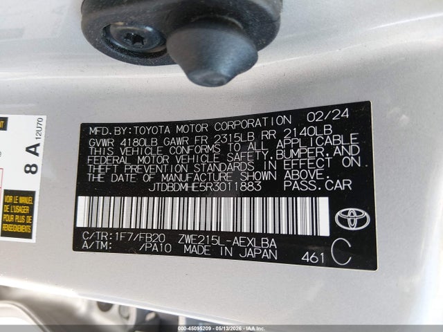 2024 Toyota Corolla Hybrid Le მანქანა იყიდება აუქციონზე, vin: JTDBDMHE5R3011883, აუქციონის ნომერი: 45095209