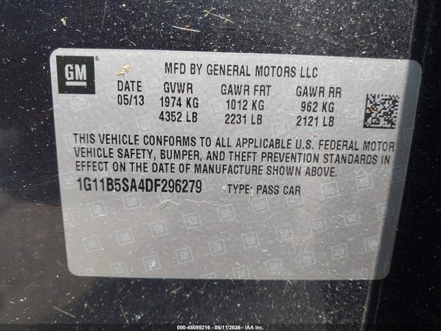 2013 Chevrolet Malibu 1ls მანქანა იყიდება აუქციონზე, vin: 1G11B5SA4DF296279, აუქციონის ნომერი: 45095216