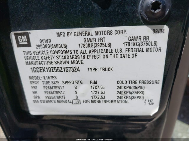 45095219 :رقم المزاد ، 1GCEK19Z55Z157324 vin ، 2005 Chevrolet Silverado 1500 Z71 مزاد بيع