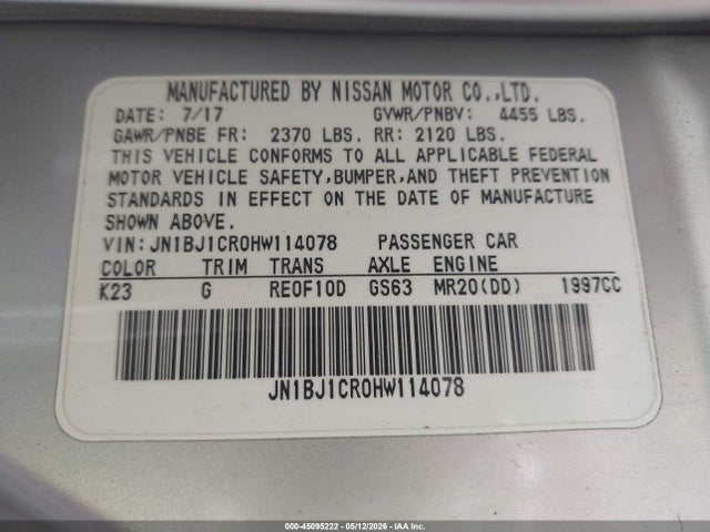 2017 Nissan Rogue Sport Sv მანქანა იყიდება აუქციონზე, vin: JN1BJ1CR0HW114078, აუქციონის ნომერი: 45095222